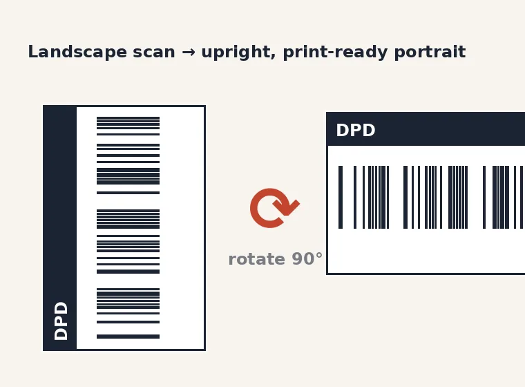 A landscape DPD shipping label being rotated 90 degrees to an upright portrait orientation for a 4x6 thermal printer