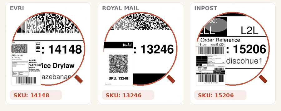 Evri, Royal Mail and InPost shipping labels with the SKU stamped and magnified, buyer details hidden